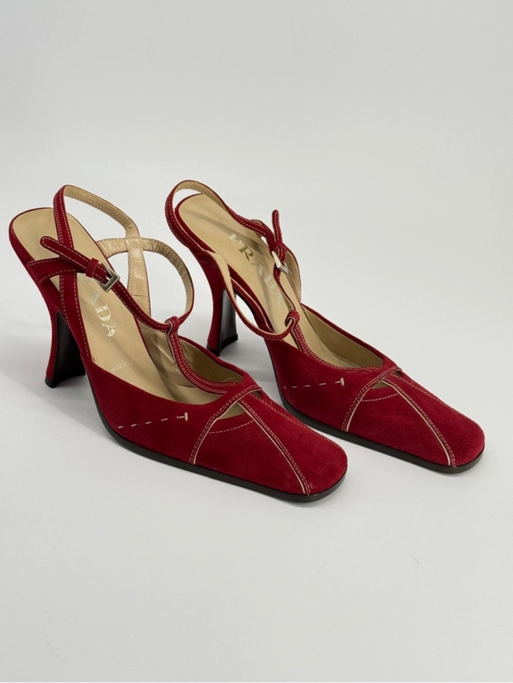 Prada Red Suede T-Strap Slingback Heels Size 37.5 - Picture 2 of 9